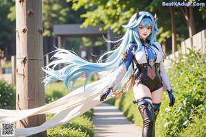 A woman with long blue hair walking down a path.