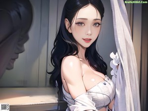 A woman in a white dress standing in front of a window.