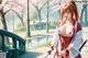 A woman with red hair stands on a bridge, holding a sword, surrounded by cherry blossoms and greenery.