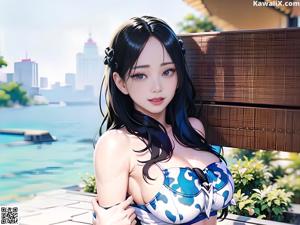 A woman in a blue and white bikini posing by a pool.