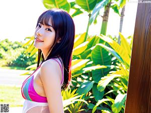 A woman in a pink and white bikini posing for a picture.
