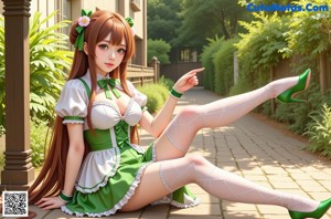 A woman in a green and white dress sitting on the ground.